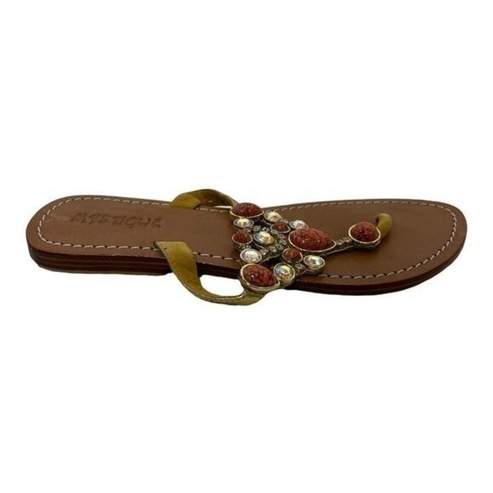 Mystique Gold Leather Jeweled Thong Sandals Orange Faux Turquoise Crystal Flat - Picture 4 of 11